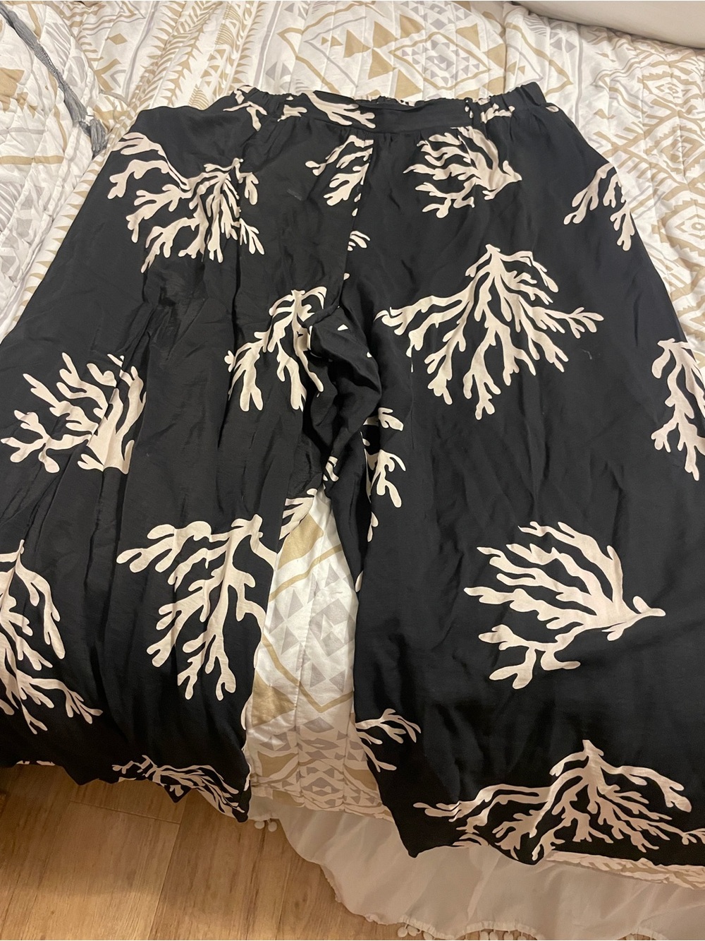 a new day Black Wide-Leg Pants with Cream Coral Print Accents